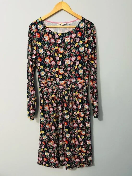 Boden Abigail Jersey Midi Dress Navy Floral Ruched Waist Size 8 Elegant - Picture 3 of 13
